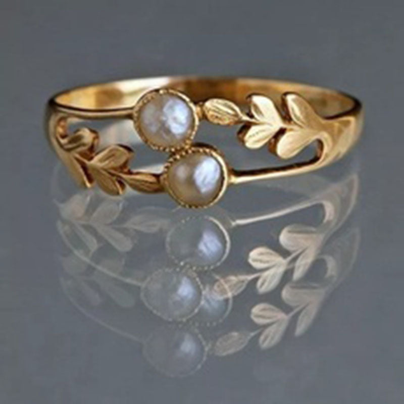 Gold Leaf Vine Pearl-Look Double Ring
