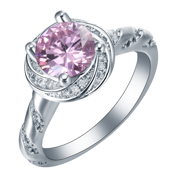 Pink Round CZ Swirl Halo Ring