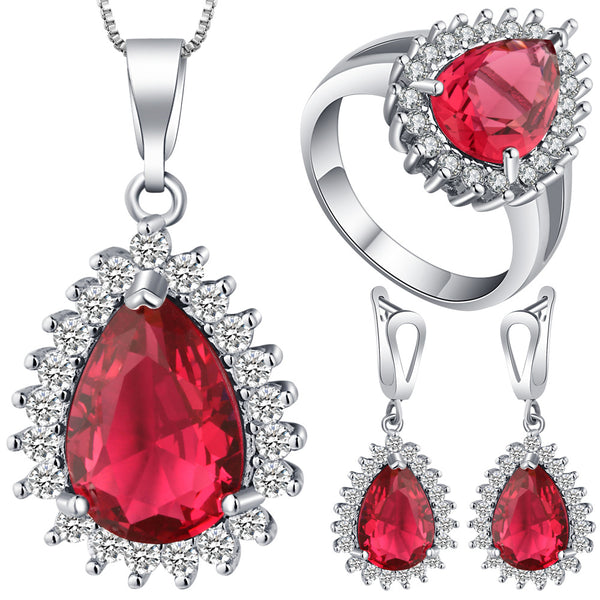 Ruby-Red Pear CZ Halo Jewelry Set