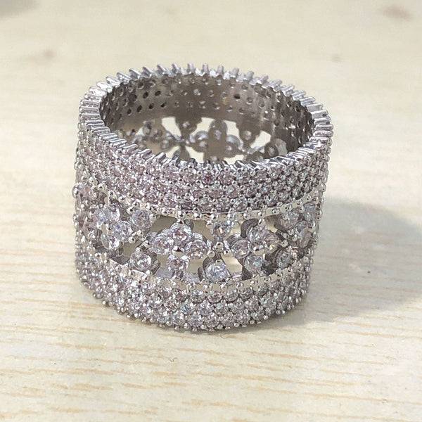 Wide Openwork CZ Pave Cigar Band Ring