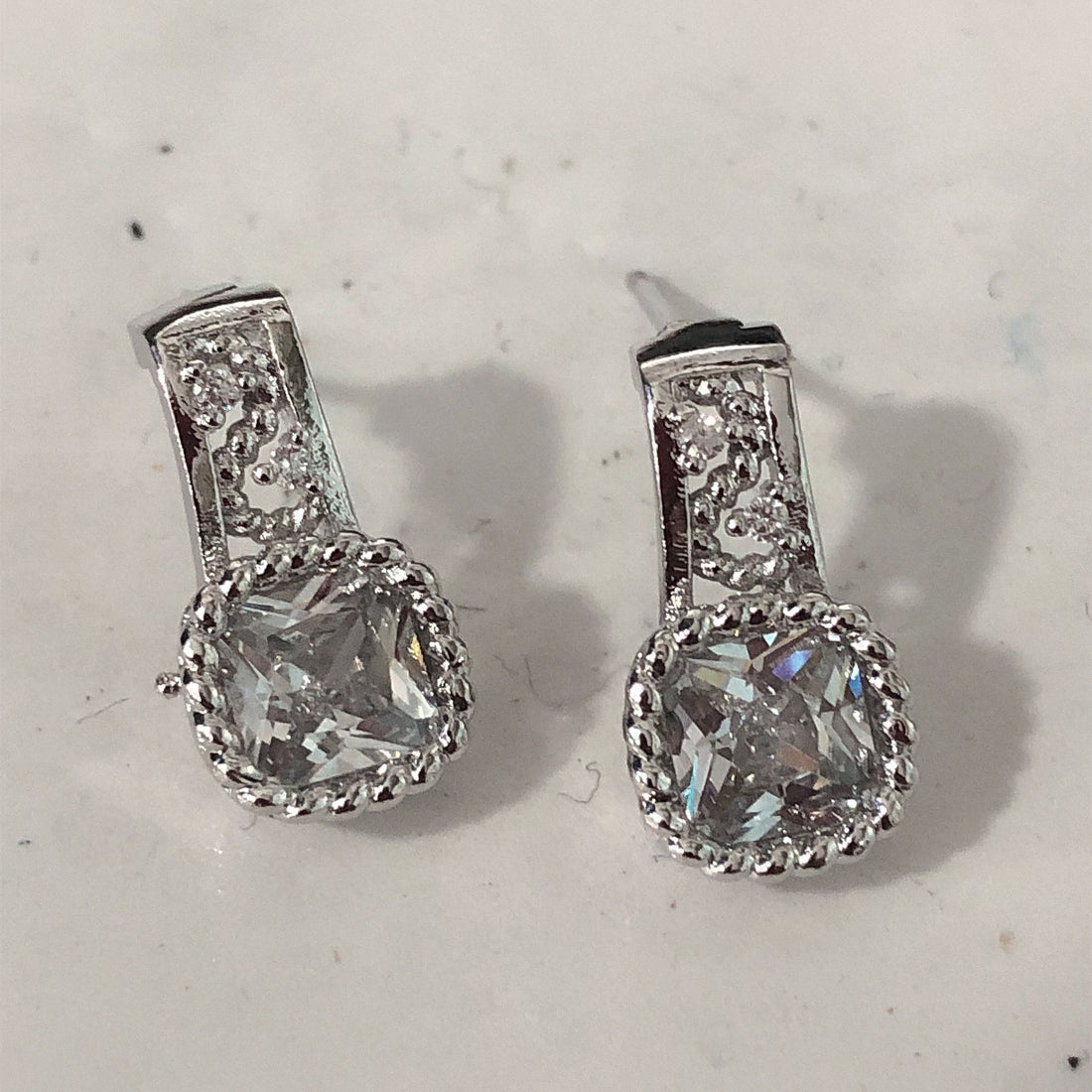 Clear Cushion CZ Filigree Silver Drop Earrings