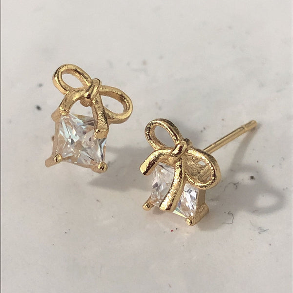 Bow and Square CZ Drop Stud Earrings