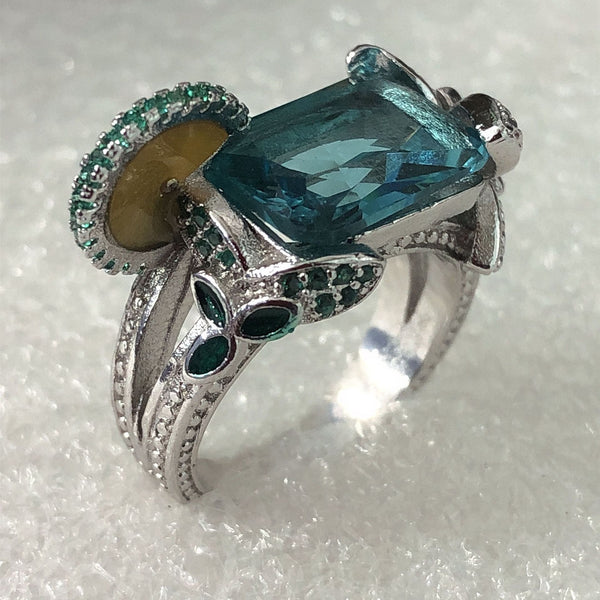 Teal Rectangle CZ Side-Halo Cocktail Ring