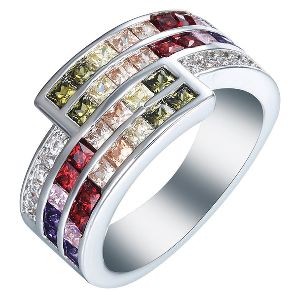Rainbow Princess CZ Triple-Row Band Ring