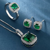 Emerald-Green Cushion CZ Halo Stud Jewelry Set
