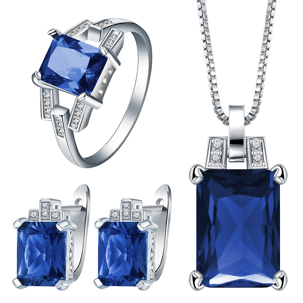 Sapphire-Blue Emerald-Cut CZ Jewelry Set