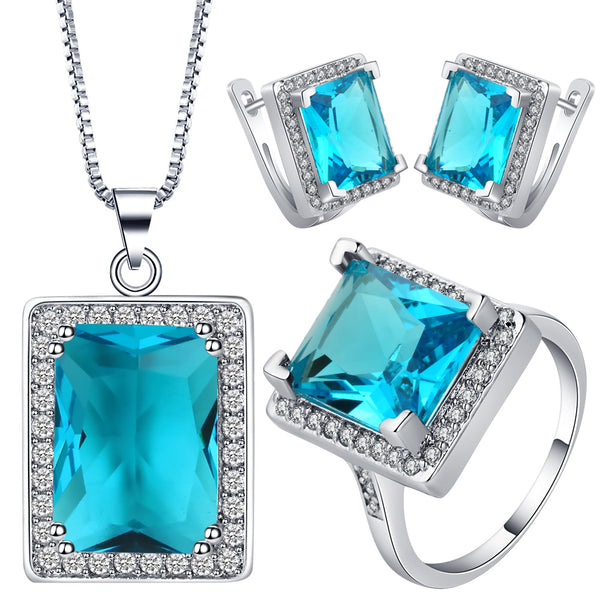 Aqua Emerald-Cut CZ Halo Jewelry Set