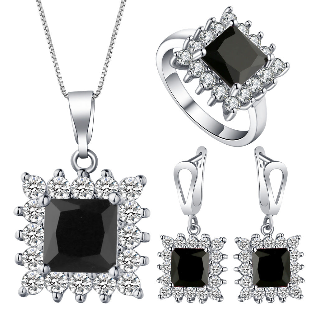Black Square CZ Starburst Halo Jewelry Set