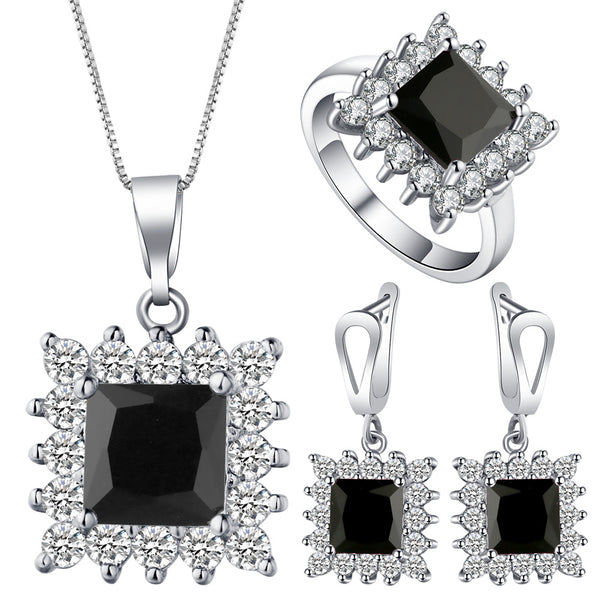 Black Square CZ Starburst Halo Jewelry Set