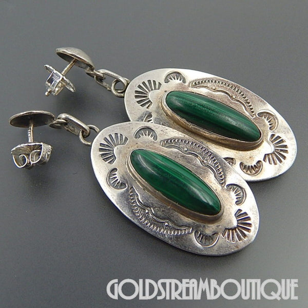 Green Stone Stamped Oval Concho Earrings