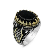 Black Oval Stone Crown Bezel Signet Ring