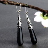Black Teardrop Filigree Cap Drop Earrings