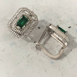 Emerald-Green Baguette CZ Double-Halo Leverback Earrings