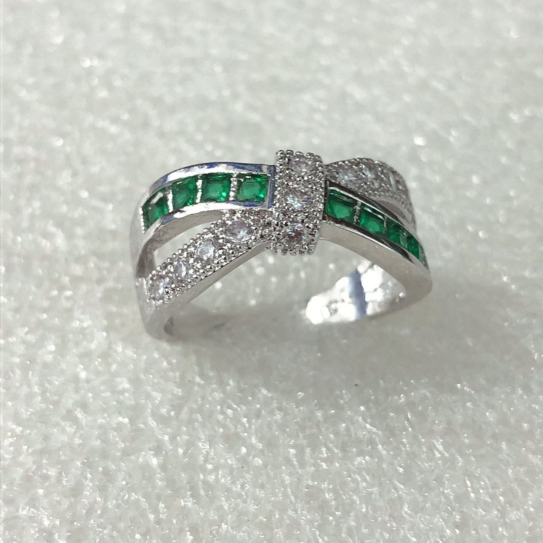 Emerald-Green Channel CZ Pave Bow Ring