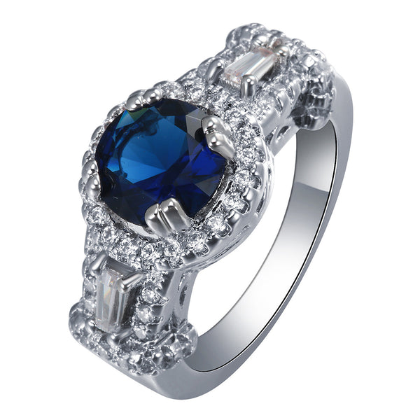 Sapphire-Blue Oval CZ Baguette Halo Ring