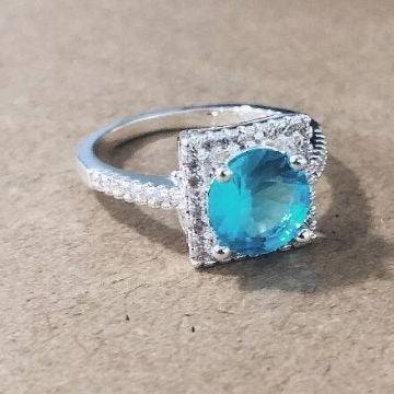Aqua Round CZ Square Halo Ring