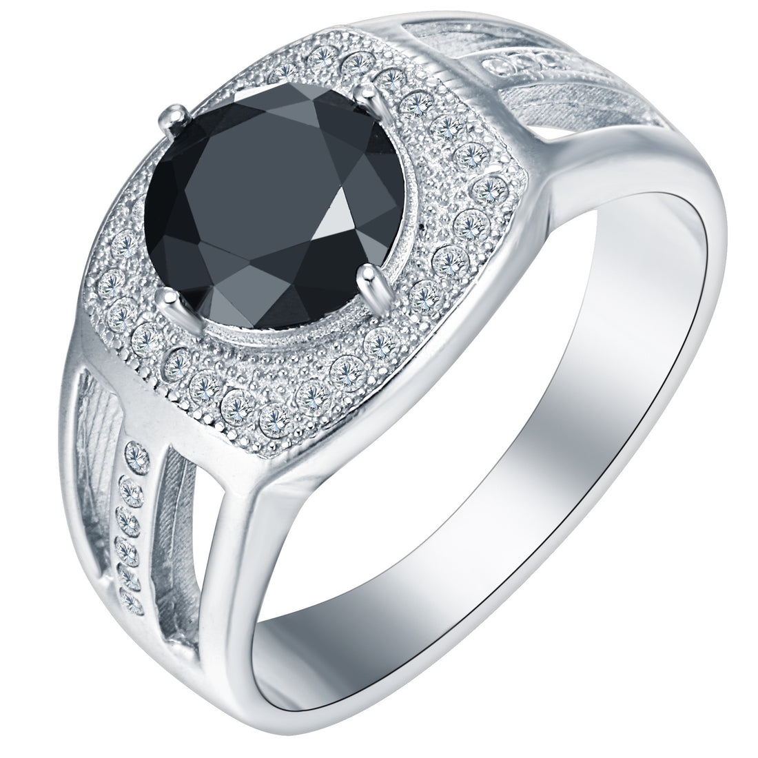 Black Round CZ Pavé Halo Men's Ring