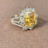 Canary-Yellow Cushion CZ Floral Halo Ring