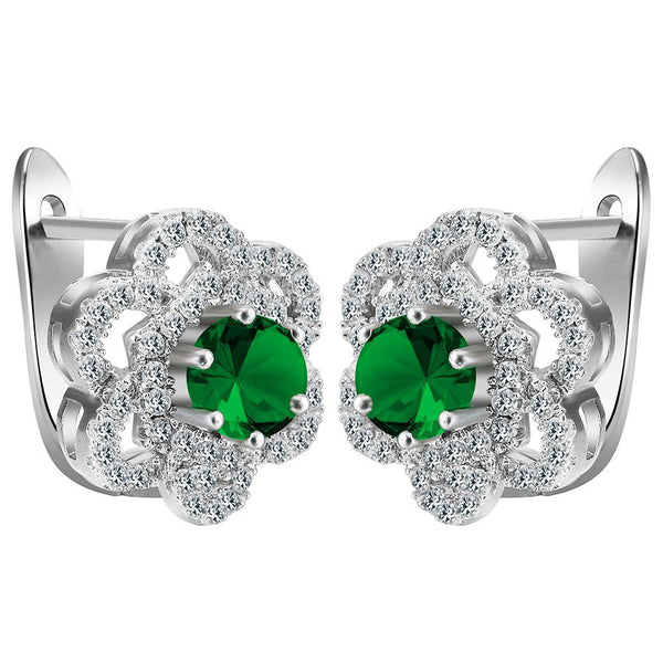 Green Round CZ Openwork Flower Leverback Earrings