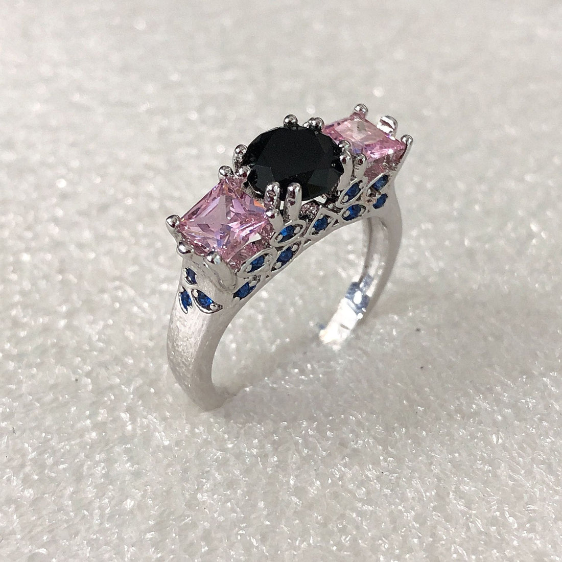 Black and Pink CZ Three-Stone Ring