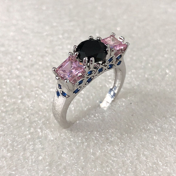 Black and Pink CZ Three-Stone Ring