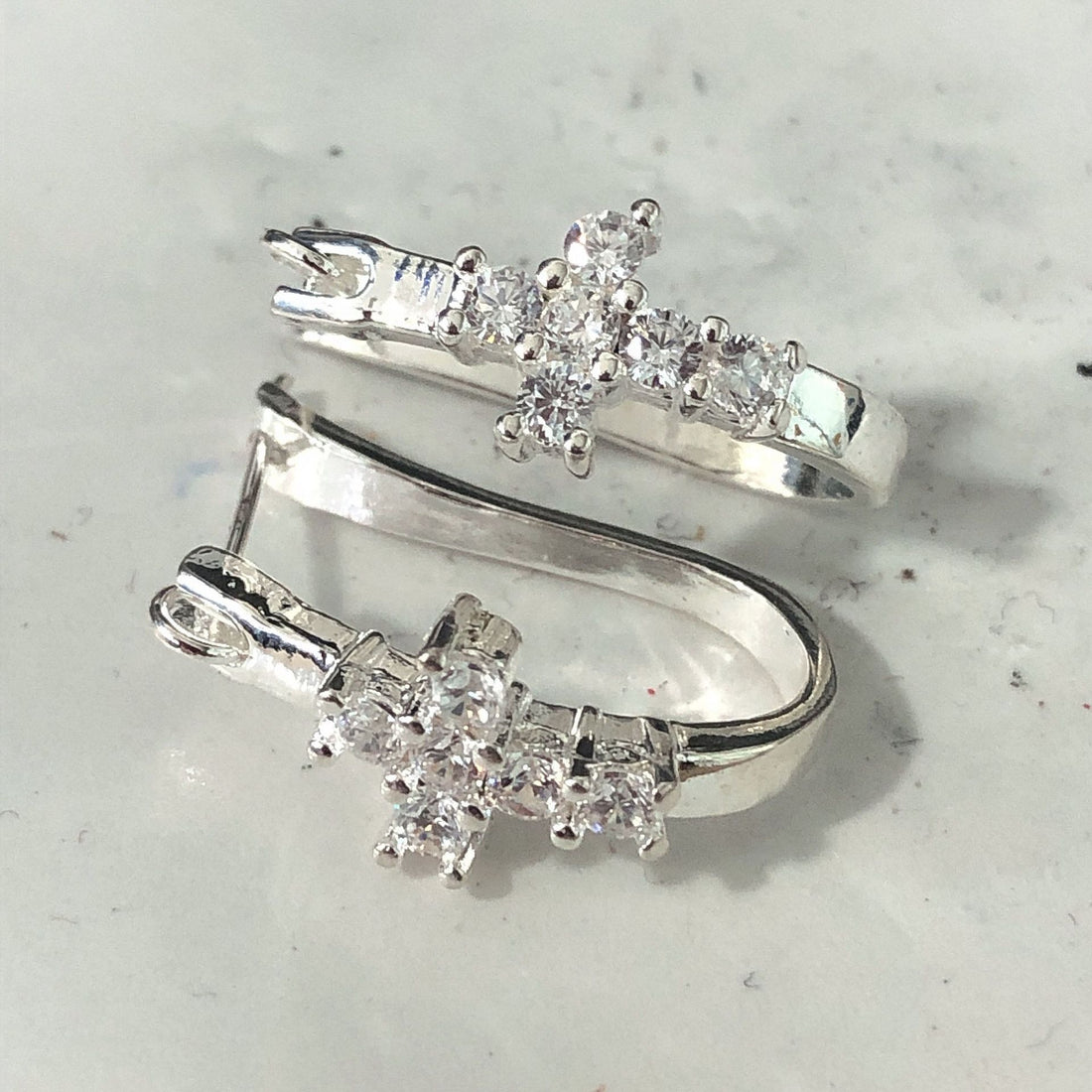 Clear CZ Cross Accent Hoop Earrings