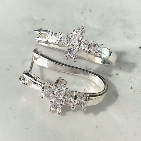 Clear CZ Cross Accent Hoop Earrings