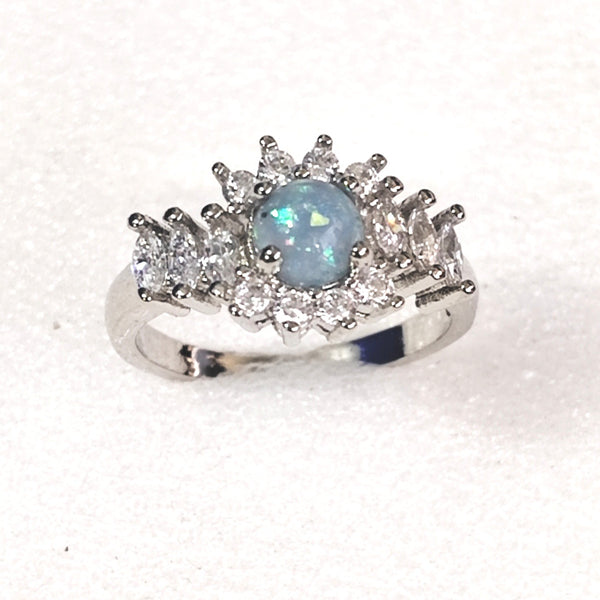 Blue Opal-Look Marquise CZ Crown Ring