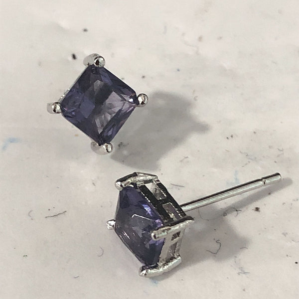 Purple Princess-Cut CZ Stud Earrings