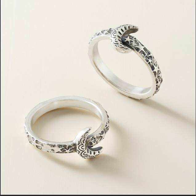 Engraved Crescent Moon Band Ring