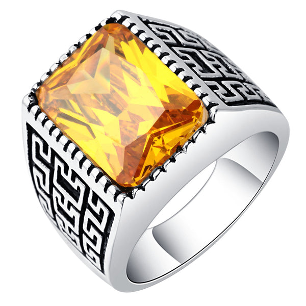 Yellow Square CZ Greek Key Signet Ring