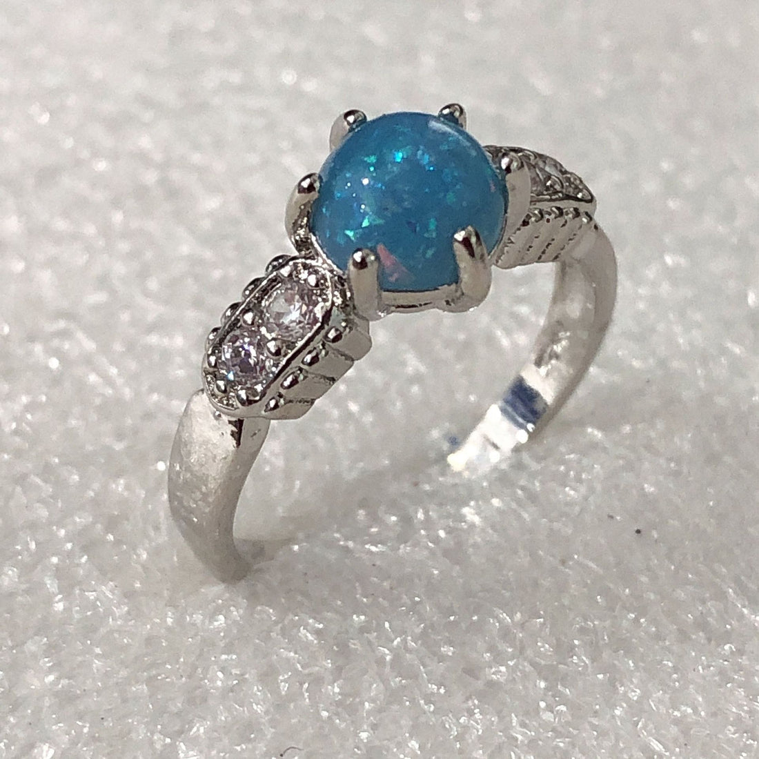 Blue Opal-Look Round Hexagon Side Ring