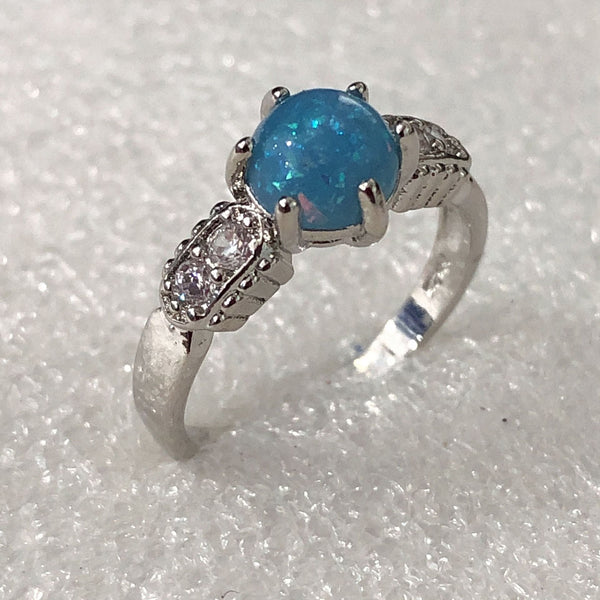 Blue Opal-Look Round Hexagon Side Ring