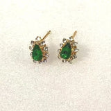 Emerald-Green Pear CZ Sunburst Halo Stud Earrings