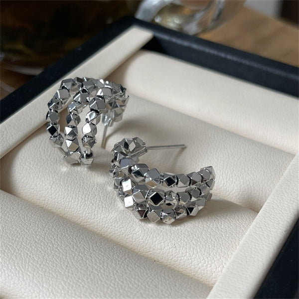 Silver Faceted Bead Half Hoop Earrings