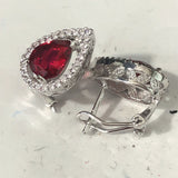 Ruby-Red Pear CZ Halo Clip-Back Earrings