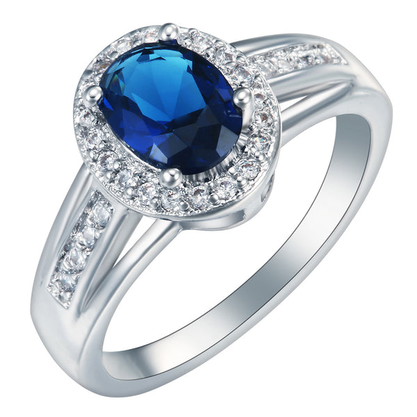 Sapphire-Blue Oval CZ Halo Split Shank Ring