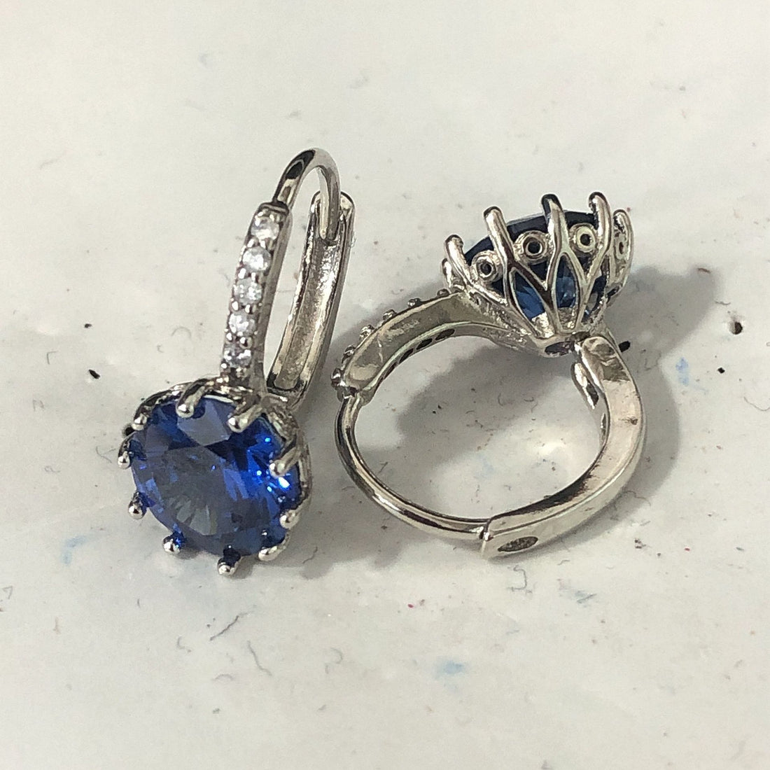 Sapphire-Blue Round CZ Solitaire Huggie Drop Earrings