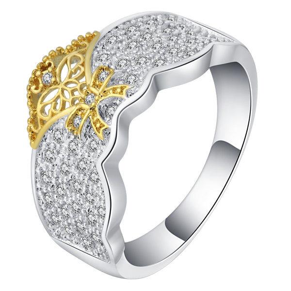 Two-Tone Floral Filigree Pave Wave Ring
