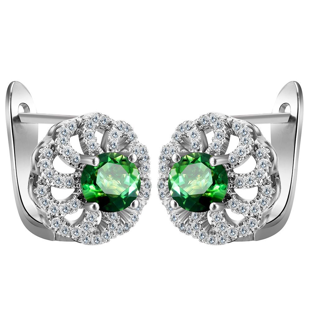 Green Round CZ Scalloped Flower Leverback Earrings