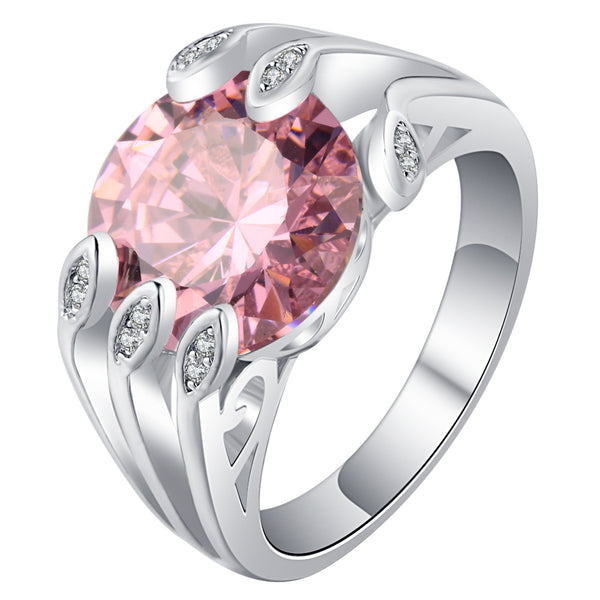 Pink Round CZ Leaf Prong Statement Ring