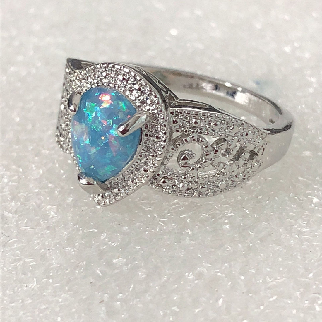 Blue Opal-Look Pear Engraved Shank Ring