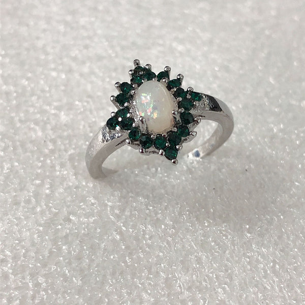 Opal-Look Oval Emerald-Green CZ Cluster Ring