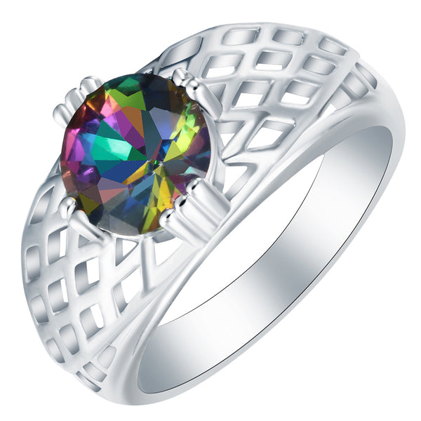 Rainbow Mystic Round CZ Lattice Wide Ring