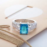 Aqua Emerald-Cut CZ Pavé Shank Ring