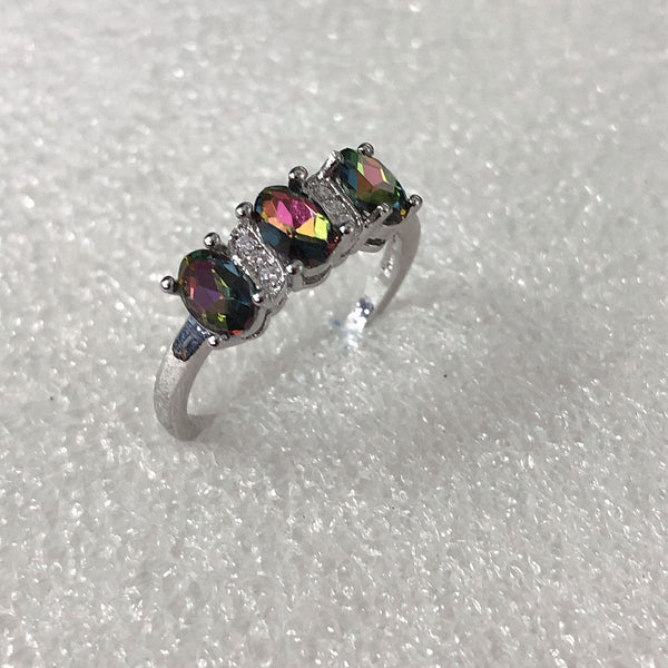 Rainbow Mystic Oval CZ Three-Stone Ring