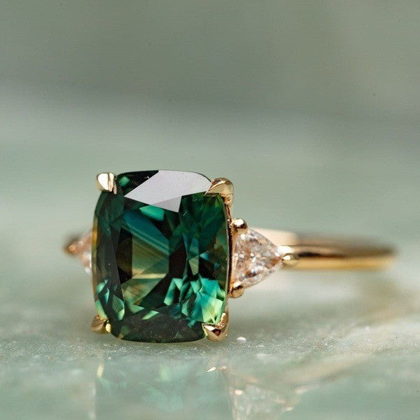 Emerald-Green Cushion CZ Gold Solitaire Ring