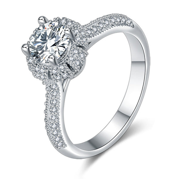 Round CZ Halo Pave Engagement Ring