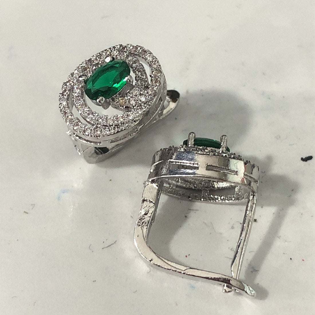 Emerald-Green Oval CZ Swirl Halo Leverback Earrings