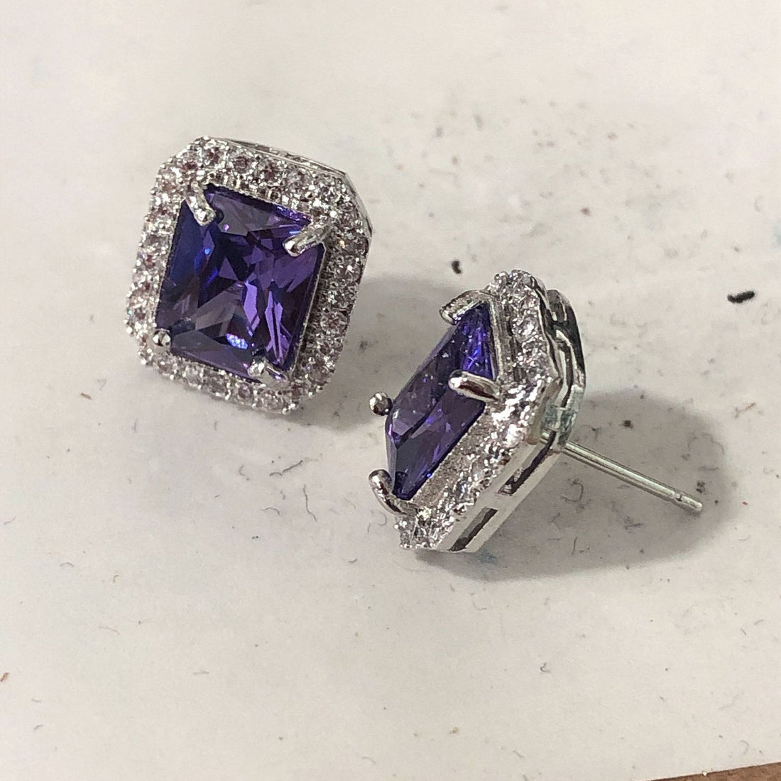 Purple Emerald-Cut CZ Double-Halo Stud Earrings